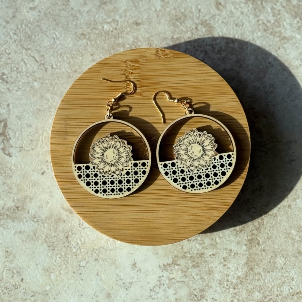 Boho Woven Floral Earrings | Maple Wood Dangles | Lightweight Cutout Earrings